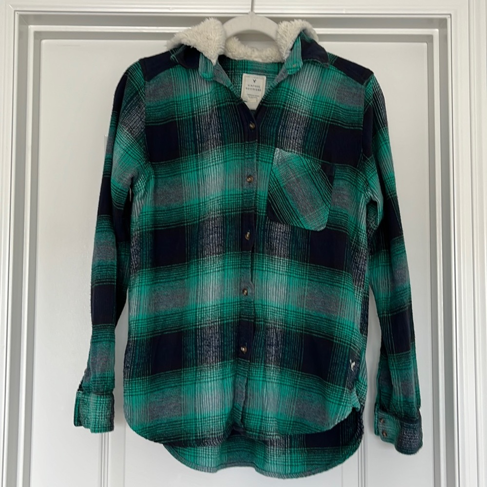 American Eagle Women’s “Vintage Boyfriend” Green/Navy/Grey Hooded Flannel Size S